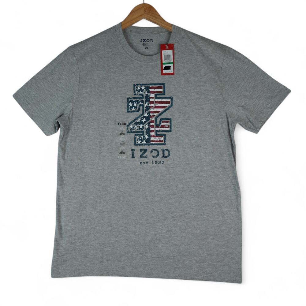 Izod T-Shirt Mens L Gray Heather Graphic Tee American Flag Red‎ White Blue New
